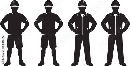 Construction worker silhouettes standing confidently with hands on hips wearing safety helmets industrial workforce vector illustration