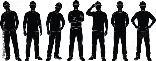 Construction worker silhouettes standing in different poses wearing safety helmets industrial labor team black vector illustration
