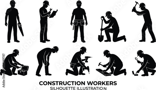 Construction workers silhouette illustration set showing various labor actions, tools, teamwork, safety equipment, and industrial building work concepts