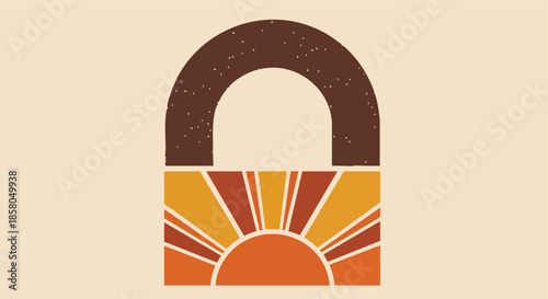 Stylized padlock symbol merging night sky and a vibrant sunrise on a minimalist background perfect for creative projects