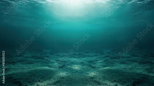 Underwater view, sunlit surface above, sand-covered seafloor. Light filters down creating ethereal effect