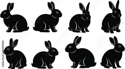 Rabbit silhouette vector collection, sitting bunny poses, black and white contrast, animal shape design, minimal style, nature theme, cute posture variation