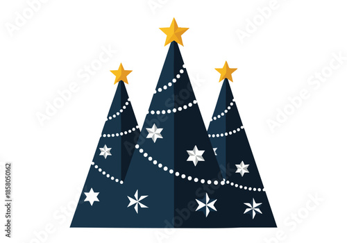 Stylized group of decorated christmas trees with golden star toppers against a white background for festive celebrations