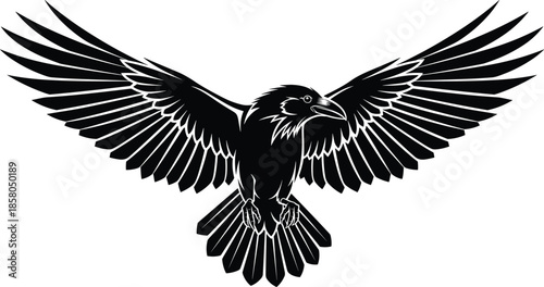 Raven silhouette flying, black vector bird, wings spread illustration, mysterious animal, symbolic flight, nature, predator pose, gothic wildlife design