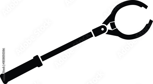 Reaching tool for litter picking and trash collection vector illustration, black grabber reacher for janitorial sanitation work isolated on white background for cleaning,