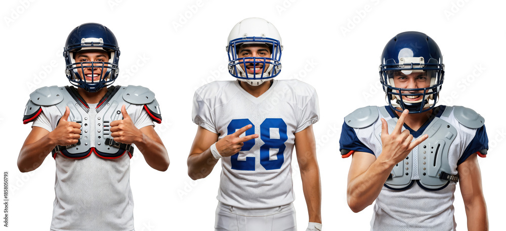 Fototapeta premium Group of Three Male Football Players in Uniforms Celebrating Sports Team Spirit