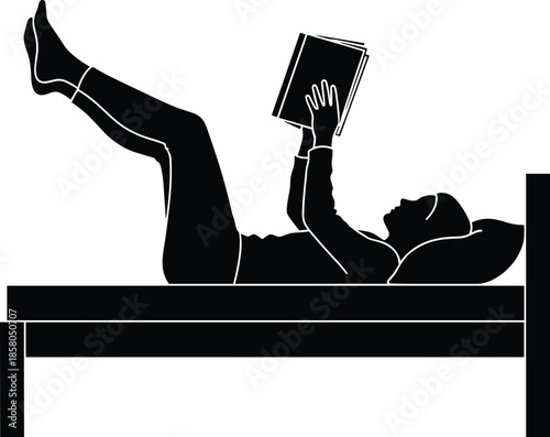 Reading in bed silhouette vector, relaxed posture, book lover pose, black and white contrast, leisure activity, casual moment, indoor rest, minimal design