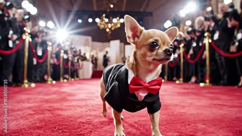 A stylish chihuahua in a tuxedo confidently walks the red carpet.