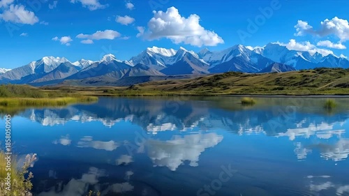 Scenic mountain vista reflects in a serene lake under a bright blue sky