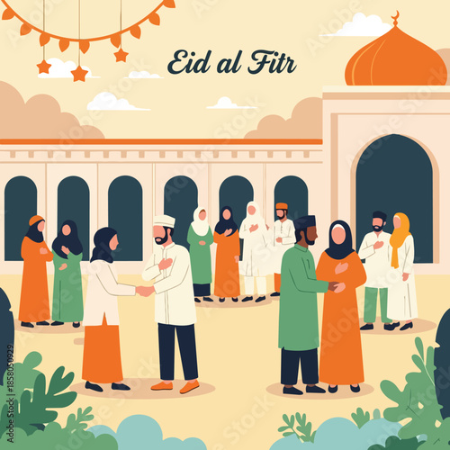 Flat illustration of people celebrating Eid al Fitr, wearing traditional clothes, greeting each other with hugs and smiles. Mosque background with lanterns and clouds. Ideal for holiday content.