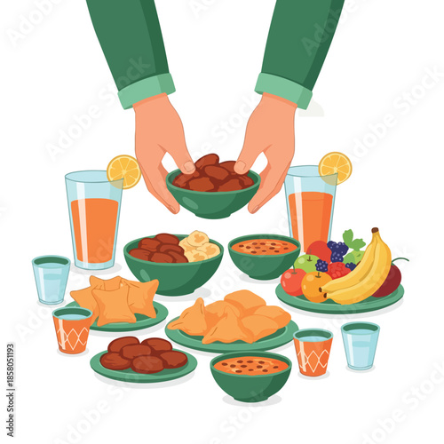 Flat vector of hands serving a variety of iftar dishes including dates, juice, samosas, fruit platter and dips. Ideal for Ramadan, breaking fast or Islamic cultural content.