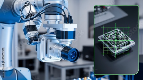 Robotic arm with camera inspecting a microchip, advanced technology concept.