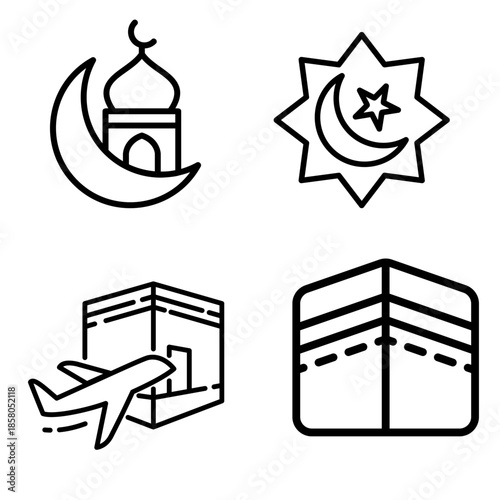 Minimalist Hajj and Umrah vector icon set featuring the Kaaba, crescent moon, and travel symbols. Clean black line art for Islamic pilgrimage guides, travel agencies, and religious education.