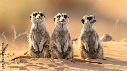 Three meerkats stand upright on sandy ground, bathed in warm sunlight, alert and curious