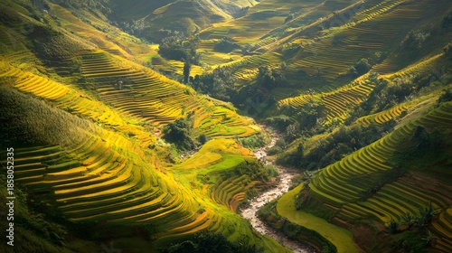 Golden Rice Terraces Carved into Lush Green Mountainside.
