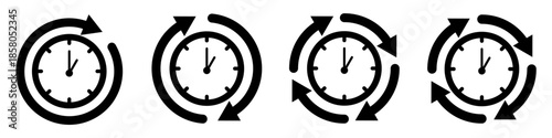 Set of clock and arrow time around icon vector for cycles. Ideal for illustrating processing, 24-hour service, loops, and continuous operations.