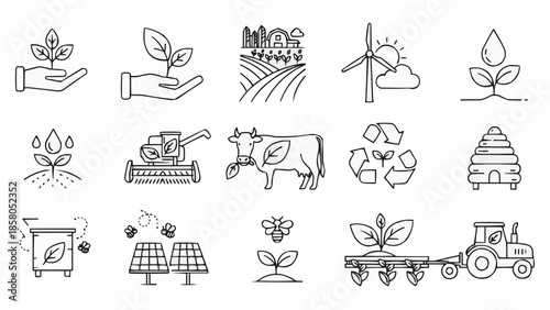 Collection of agricultural and environmental icons in sketch style.
