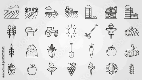 Collection of agricultural icons and symbols representing farming and harvest.