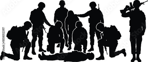 Military soldiers silhouette honoring fallen comrade, armed infantry squad paying respect with rifles isolated on white background tribute