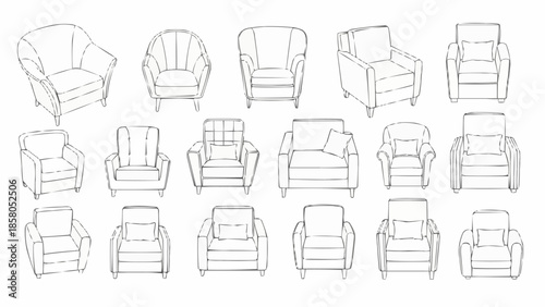 Collection of armchair sketches in various styles and designs.