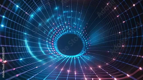A vibrant abstract digital tunnel with glowing blue and pink lines, creating an immersive, futuristic, and fast-moving technological background for data and connectivity concepts.