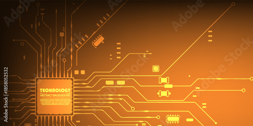 Orange Circuit Board Technology Background With Microchips And Electronic Circuits For Digital Hardware Design Concept