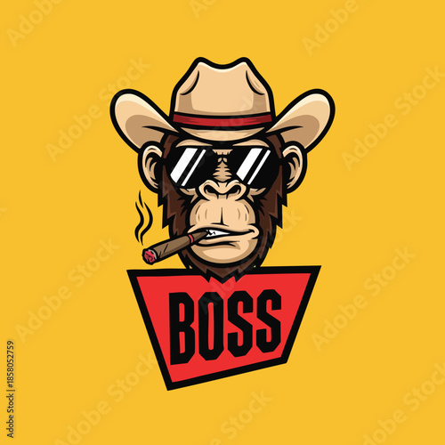 Cool cowboy chimpanzee smoking with sunglasses and a hat advertising the word boss graphic design on a yellow background