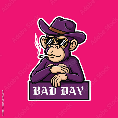 Cool purple monkey with sunglasses and hat smoking a cigarette with bad day sign illustration for graphic design purposes