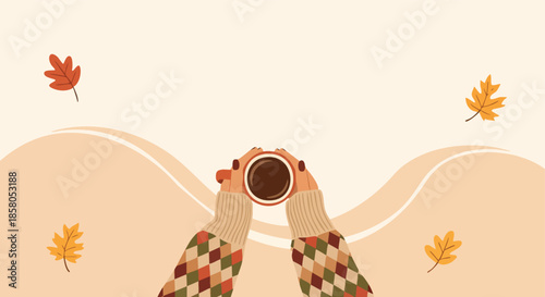 Cozy Autumn Morning with Warm Beverage Amidst Falling Leaves and Soft Landscape Background a Perfect Seasonal Illustration