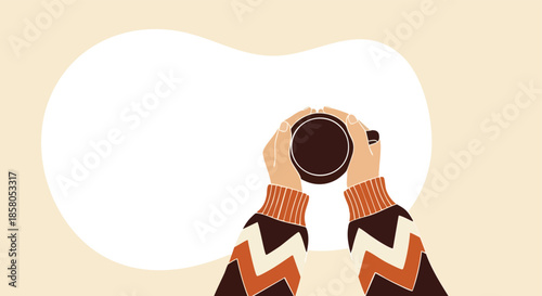Cozy hands holding a warm mug of coffee in a minimalist flat illustration style with an abstract background evoking comfort and relaxation