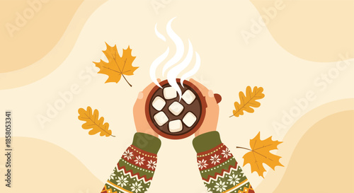 Hands holding steaming cup of hot chocolate surrounded by autumnal leaves illustrating a cozy fall beverage experience