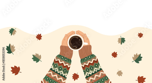 Hands holding a warm cup of coffee on a backdrop of falling autumn leaves and a serene wavy pattern symbolizing cozy season comfort and seasonal