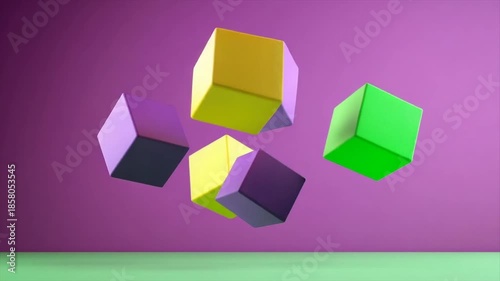 Floating, colorful cubes of different shades arranged over a purple and green background