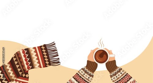 Hands holding a warm beverage and a patterned scarf suggesting cozy winter comfort and relaxation for a peaceful moment