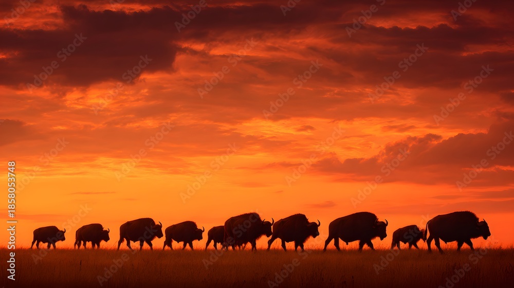 Fototapeta premium Herd of Bison Silhouetted Against a Fiery Sunset Sky.