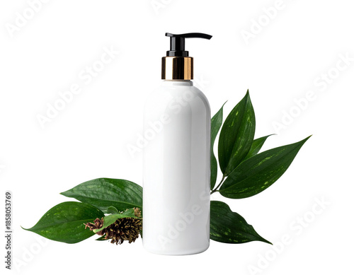 White Lotion Bottle with Green Leaves and Pinecone.