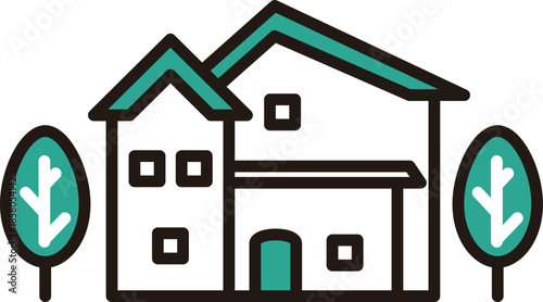 Simple House Icon with Green Roof and Trees. Vector Illustration for Real Estate and My Home