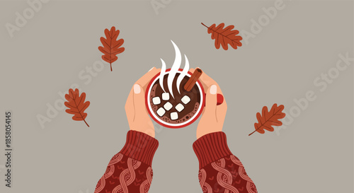 Cozy autumn beverage with falling oak leaves a comforting moment of seasonal warmth and relaxation