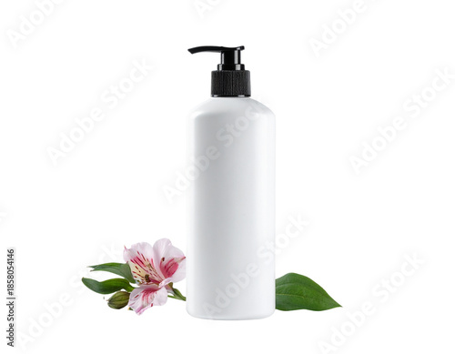 White Lotion Bottle with Pink Flower and Green Leaf.