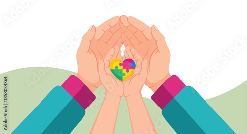 Family hands cradle a colorful autism awareness puzzle heart symbol against a soft abstract background conveying support and inclusion