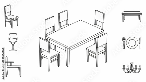 Dining room furniture set illustration line art.