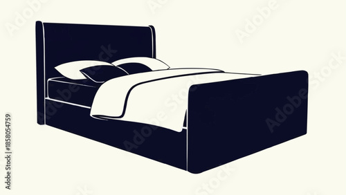 Dark Blue Bed with White Linens and Pillows Isolated.