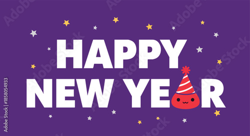 Festive greeting with cartoon character and stars celebrating the new year on a purple background
