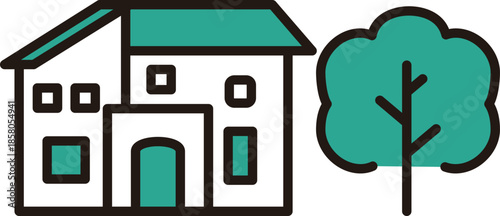 Simple House Icon with Green Roof and Trees. Vector Illustration for Real Estate and My Home