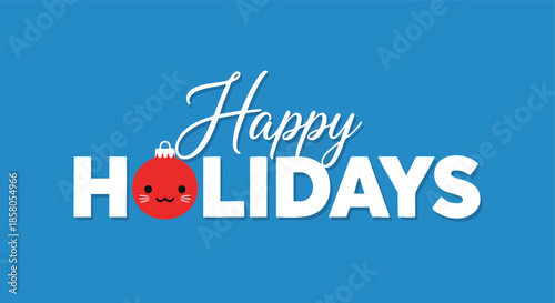 Cheerful holiday greeting featuring a kawaii christmas ornament alongside bold typography on a bright blue background celebrating festive cheer
