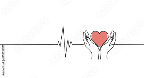 Minimalist heartbeat lifeline cradling a pink heart symbolizing care and well-being rendered with clean linework on a stark white backdrop for a