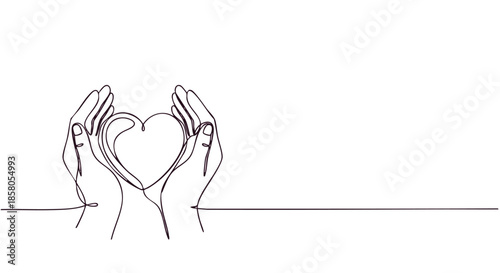 Minimalist line art of caring hands holding a heart symbol presented on a clean white background for expressive design needs