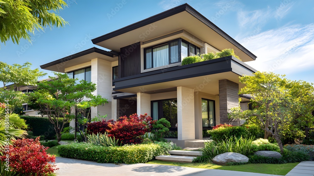 Fototapeta premium Luxurious Modern Two-Story House with Lush Landscaping.