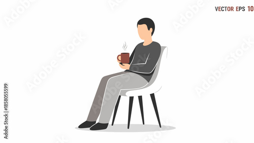 Vector illustration of a man sitting on a chair holding a coffee mug with a relaxed posture against a plain white background.