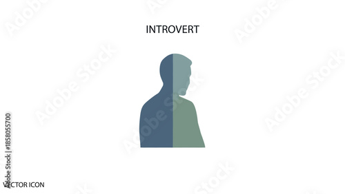 Vector illustration of a human silhouette divided into contrasting blue and green halves on a white background with the word 'introvert' above.